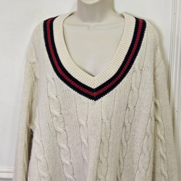 Brandy Melville NIKKI Cream/Red/Navy Cable Knit Oversized Wool Sweater,One Size - Picture 10 of 16